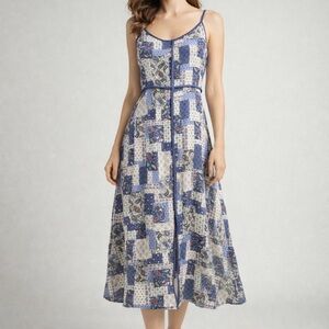 Listicle Boho Patchwork Midi Dress Blue White Rayon Pockets Zip Lined Small